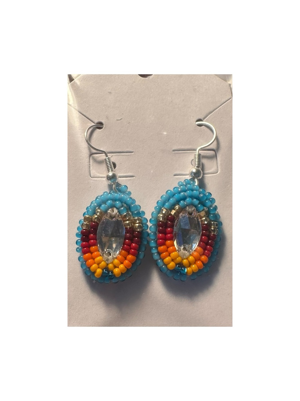 Handmade Turquoise Beaded Rainbow Drop Earrings with Clear Crystal Accent